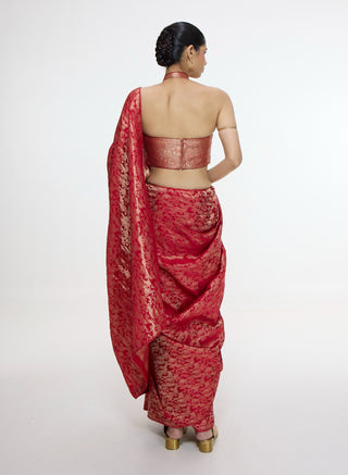 Handwoven crimson red silk tissue sari and unstitched blouse
