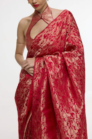 Handwoven crimson red silk tissue sari and unstitched blouse