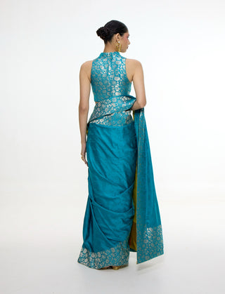 Handwoven coral blue sari and blouse