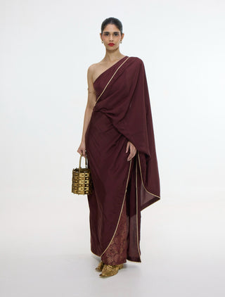 Pre-draped chestnut sari with unstitched blouse and pants