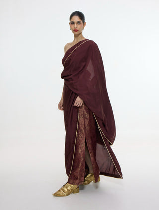 Pre-draped chestnut sari with unstitched blouse and pants