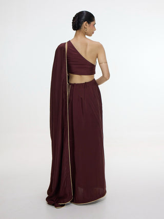 Pre-draped chestnut sari with unstitched blouse and pants