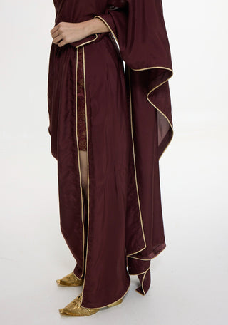 Pre-draped chestnut sari with unstitched blouse and pants