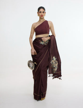 Handwoven burgundy sari with embroidered panel