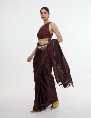 Handwoven burgundy sari with embroidered panel