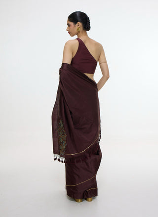 Handwoven burgundy sari with embroidered panel