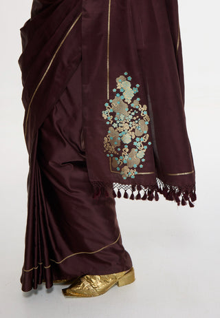 Handwoven burgundy sari with embroidered panel