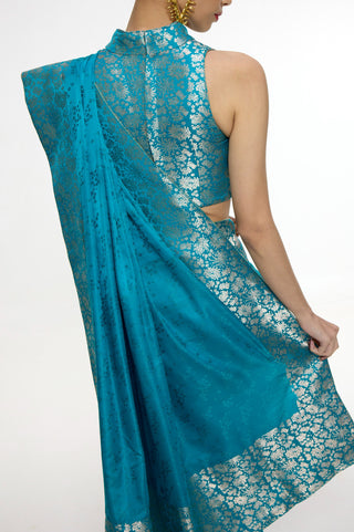 Handwoven coral blue sari and blouse
