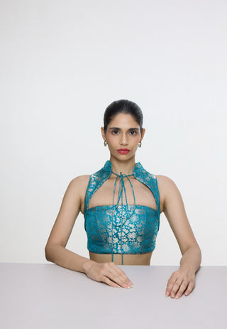 Handwoven coral blue sari and blouse