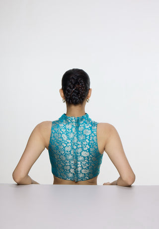 Handwoven coral blue sari and blouse
