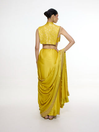 Yellow ochre mashroo silk sari