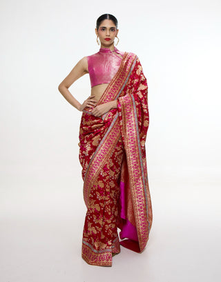 Handwoven ruby red mashroo silk sari