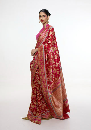 Handwoven ruby red mashroo silk sari