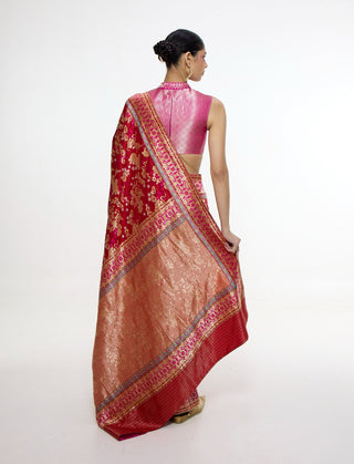 Handwoven ruby red mashroo silk sari