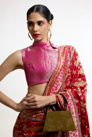 Handwoven ruby red mashroo silk sari