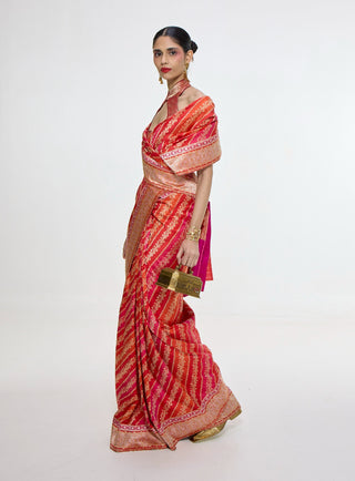 Handwoven carmine red mashroo silk sari