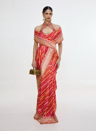 Handwoven carmine red mashroo silk sari