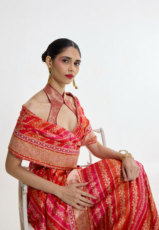 Handwoven carmine red mashroo silk sari