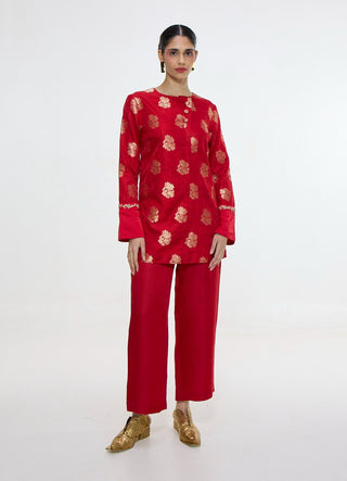 Handwoven red short kurta and pants