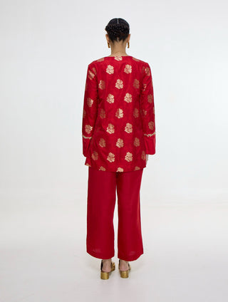 Handwoven red short kurta and pants