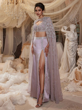 Ellen Dusty Pink Bustier Cape And Skirt Set by Roqa, available on Indiaspopup.com