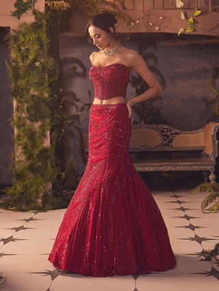Embrace red corset and mermaid lehenga set