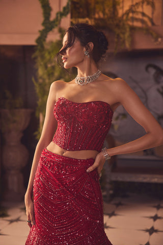 Embrace red corset and mermaid lehenga set