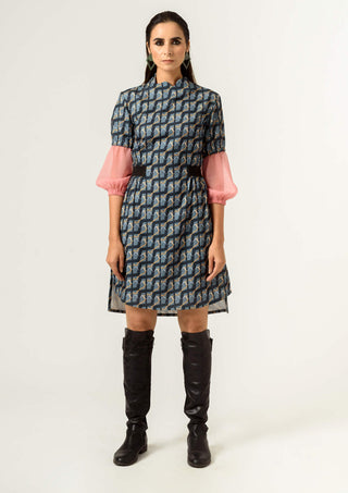 Siddhant Aggarwal-Navy Blue Balloon Sleeves Fitted Dress-INDIASPOPUP.COM