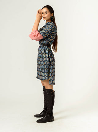 Siddhant Aggarwal-Navy Blue Balloon Sleeves Fitted Dress-INDIASPOPUP.COM