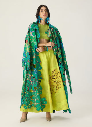 Briar lime green embroidered trench with blouse and skirt