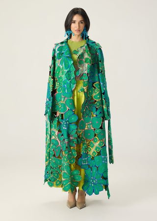Briar lime green embroidered trench with blouse and skirt