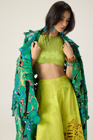 Briar lime green embroidered trench with blouse and skirt