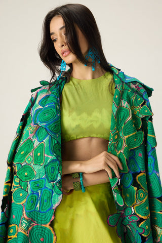 Briar lime green embroidered trench with blouse and skirt