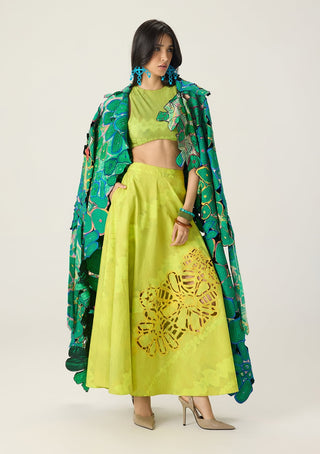 Briar lime green embroidered trench with blouse and skirt