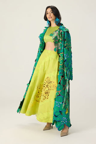 Briar lime green embroidered trench with blouse and skirt