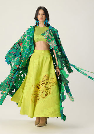 Briar lime green embroidered trench with blouse and skirt