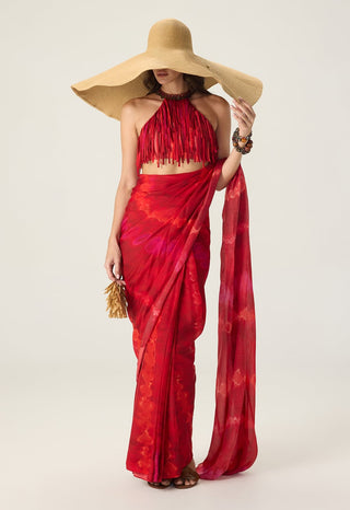 Agatha red draped sari with blouse