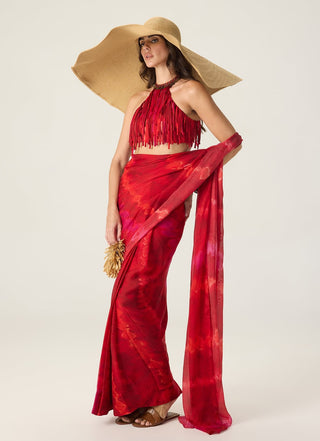 Agatha red draped sari with blouse