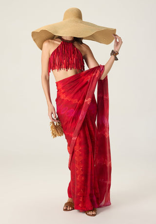Agatha red draped sari with blouse