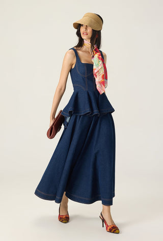 Peni blue solid blouse with lyro skirt