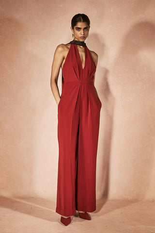 Flame orange jumpsuit with corset belt