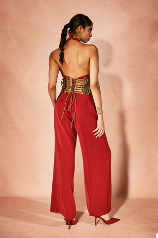 Flame orange jumpsuit with corset belt