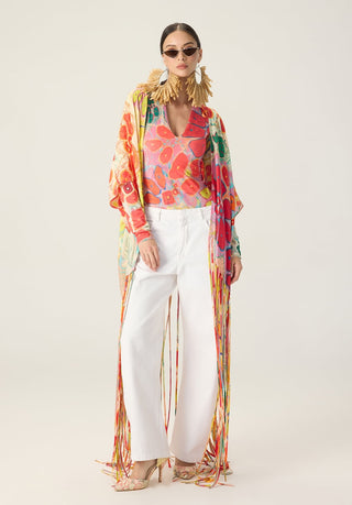 Kenzie multicolor printed bodysuit with leni cape