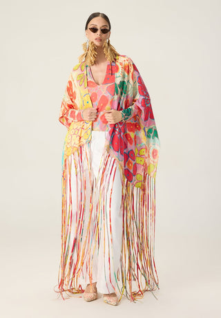 Kenzie multicolor printed bodysuit with leni cape