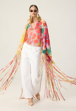Kenzie multicolor printed bodysuit with leni cape