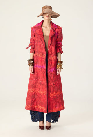 Clover red printed trench with bex blue jeans