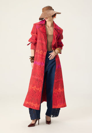 Clover red printed trench with bex blue jeans