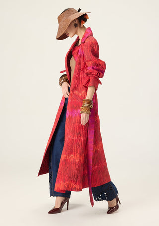 Clover red printed trench with bex blue jeans