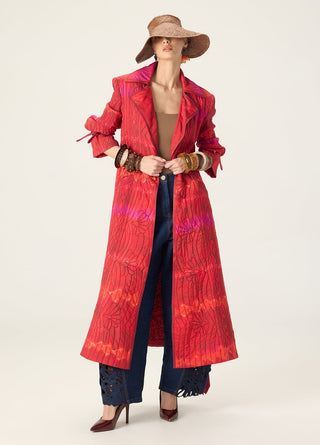 Clover red printed trench with bex blue jeans