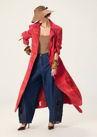 Clover red printed trench with bex blue jeans
